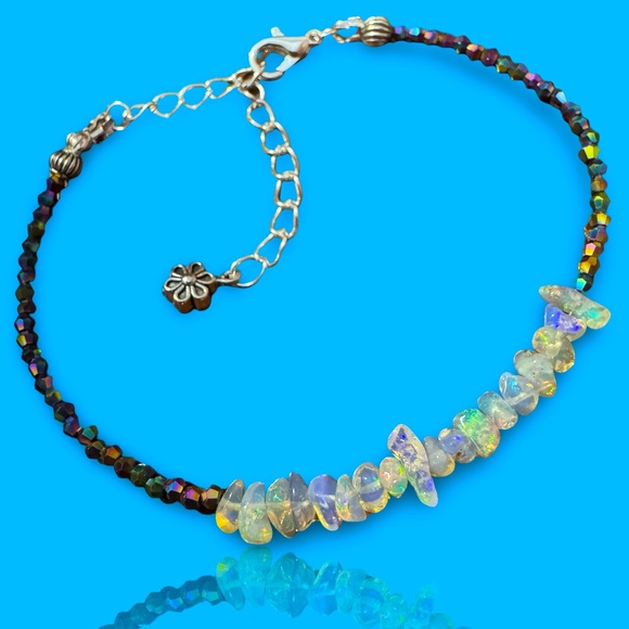 Artisan Ethiopian Opal Chip & Electroplated Faceted Micro Beads Bracelet 7-9” - Picture 1 of 7